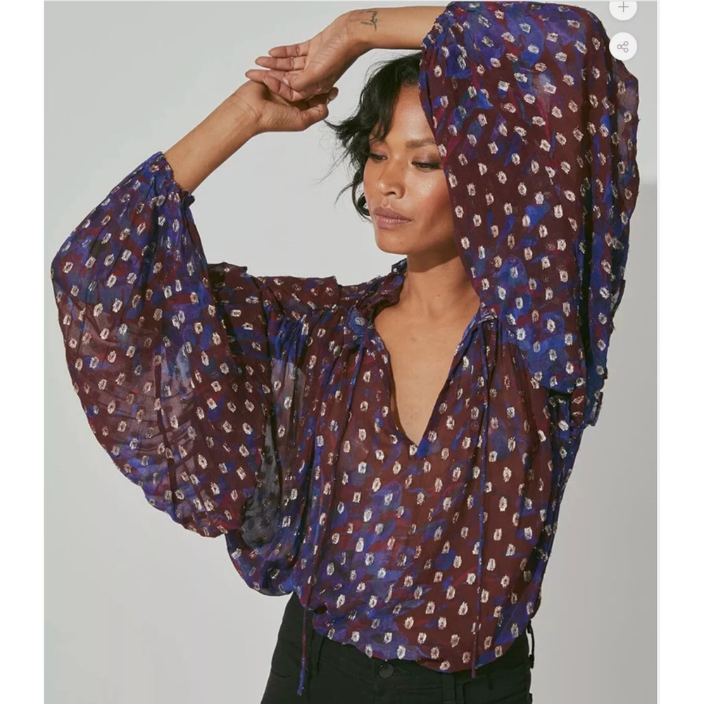 CLEOBELLA NWT Evereve Dara Metallic Shimmer Dot Puff Sleeve Blouse // S - Picture 2 of 13